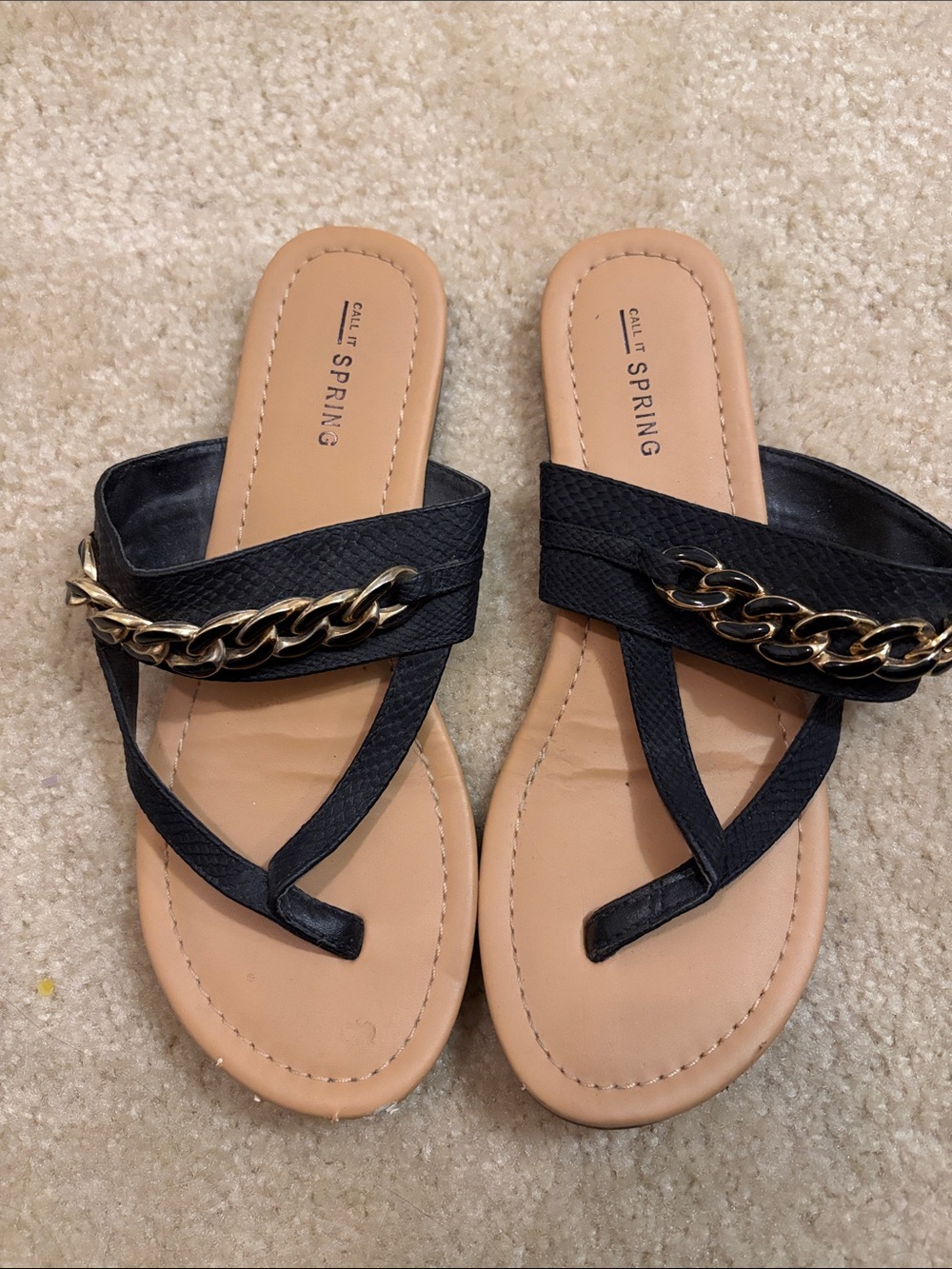 Call It Spring Black Sandals with Gold Chain Detail